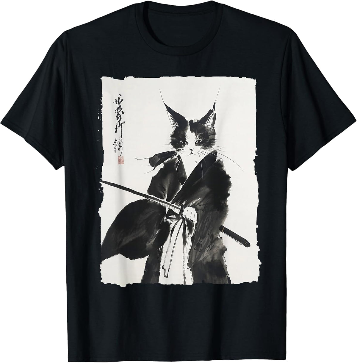 Samurai Cat Warrior Ink - Japanese Art Feline Katana Unisex , , , Long Sleeve Tee