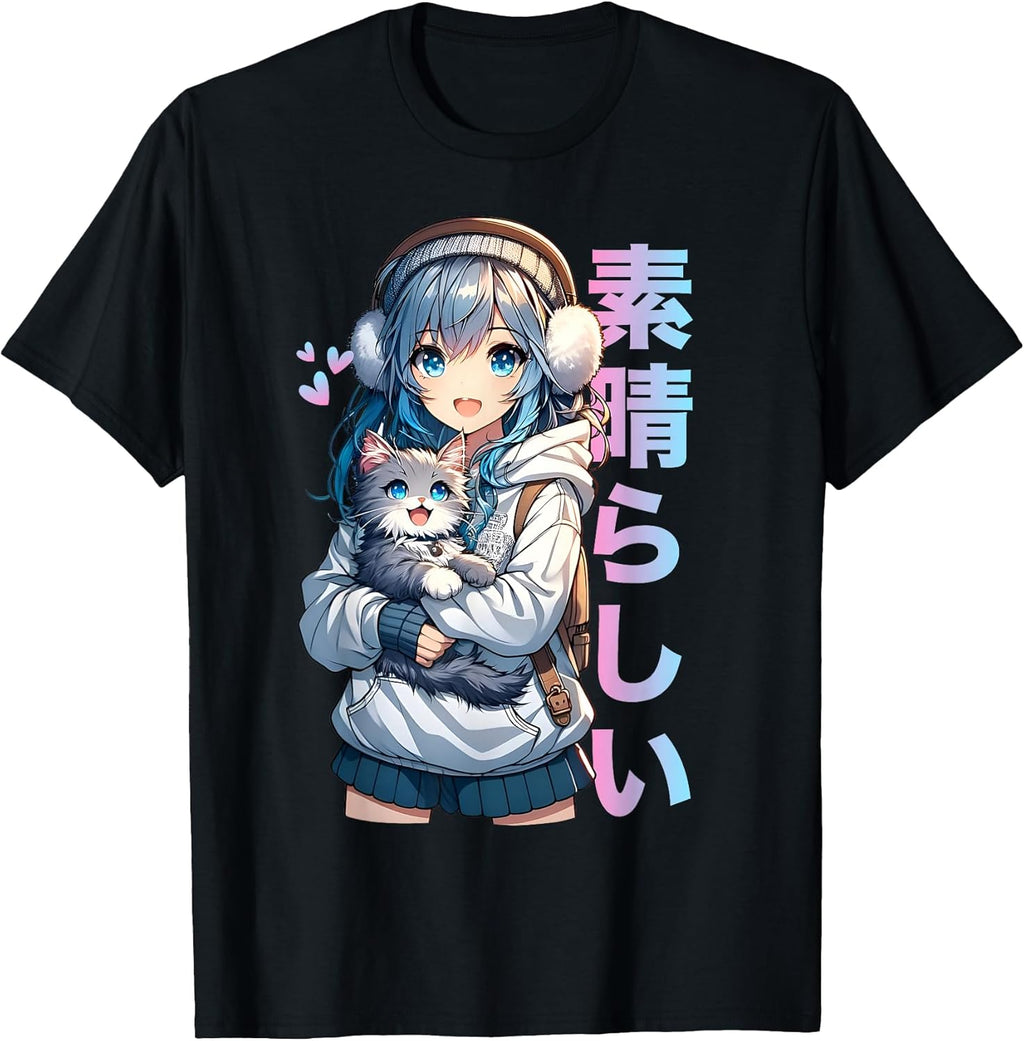 Cute Anime Girl with a Cat for Cat Lover Kawaii Otaku Manga Unisex , , , Long Sleeve Tee