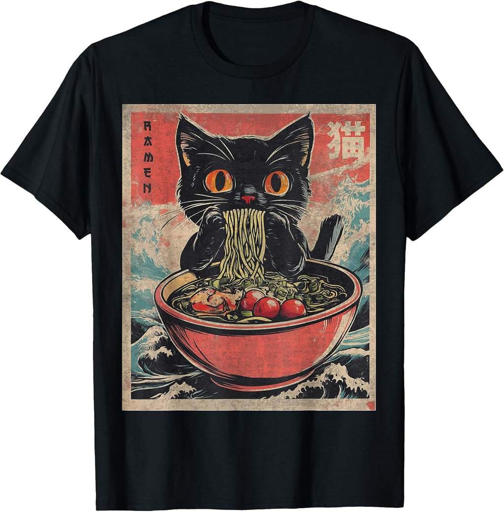 Unisex Anime Cat Ramen Japanese Funny Graphic Tees Kawaii Cat Anime Gifts Black XS