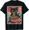 Unisex Anime Cat Ramen Japanese Funny Graphic Tees Kawaii Cat Anime Gifts Black XS