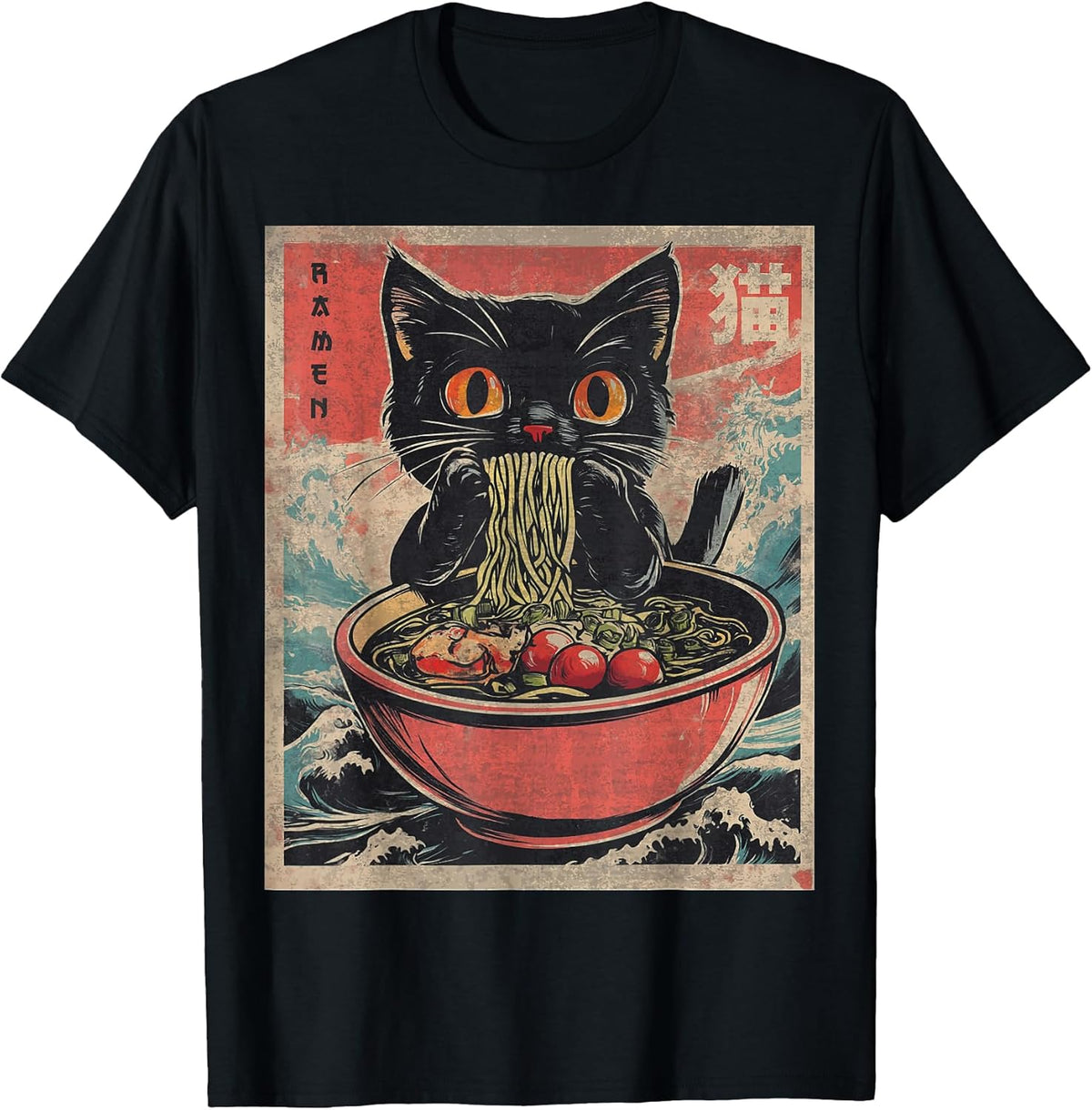 Unisex Anime Cat Ramen Japanese Funny Graphic Tees Kawaii Cat Anime Gifts Black XS