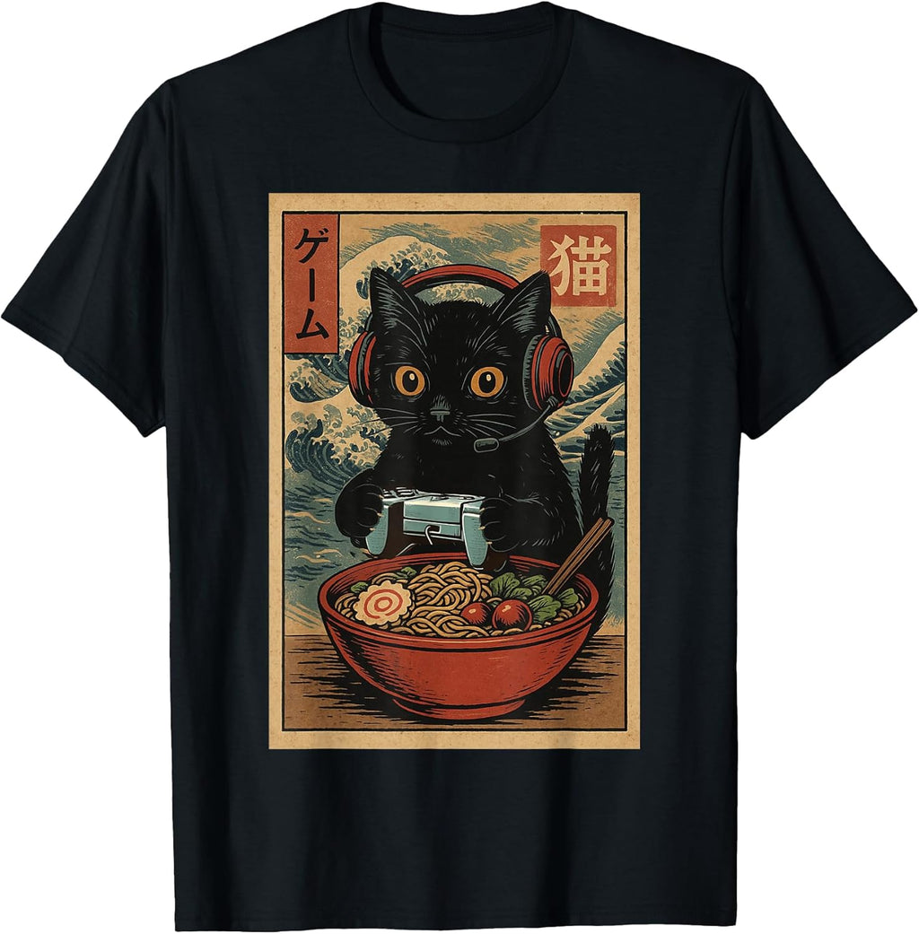 Cute Kawaii Gamer Cat Funny Ramen Retro Japanese Cat Gaming Unisex , , , Long Sleeve Tee