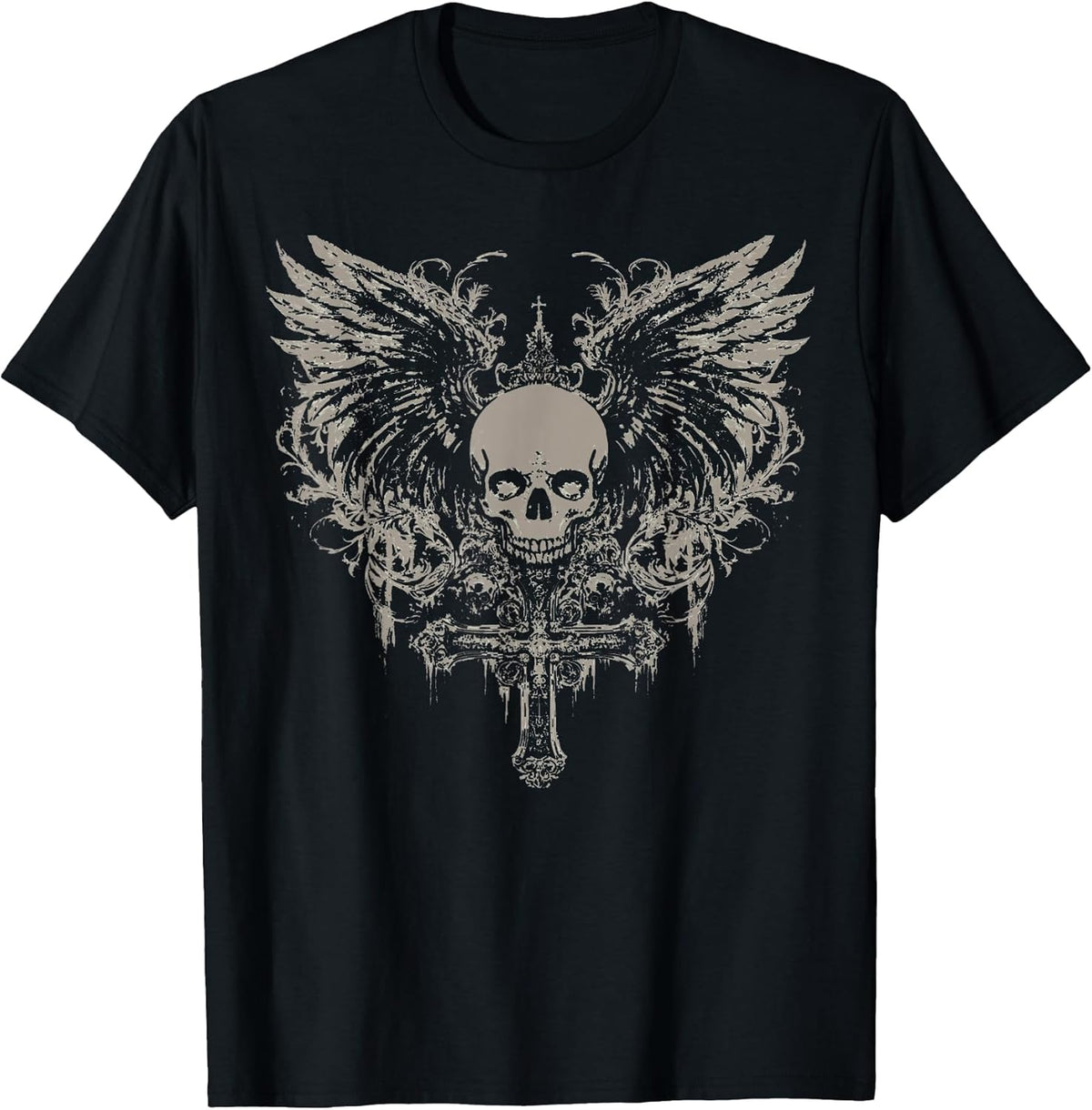 Skull Cross Y2K Goth Alt Grunge Gothic Emo Aesthetic Wings Unisex , , , Long Sleeve Tee