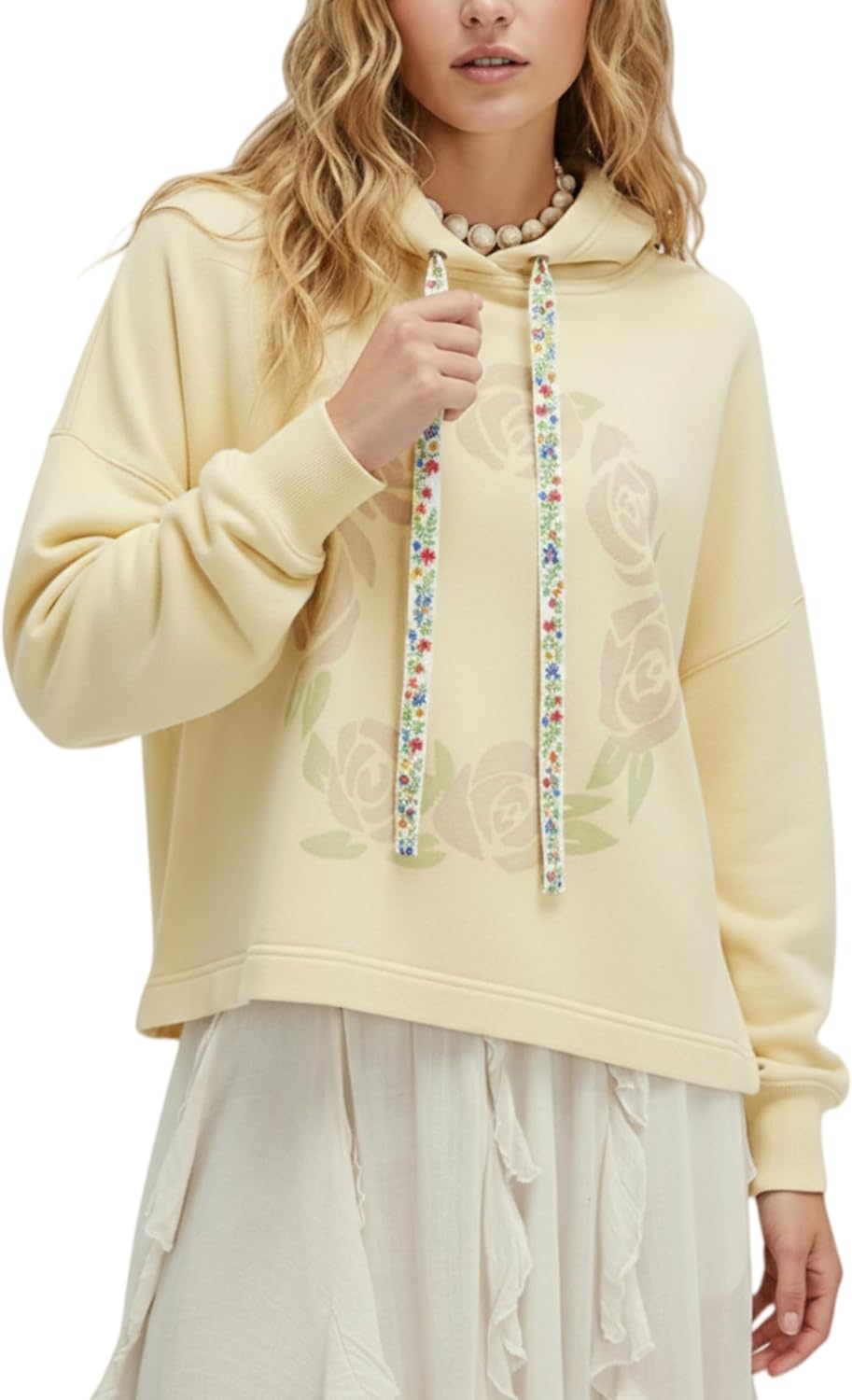 Womens s Oversized Floral Patchwork Waffle Drop Shoulder Casual Drawstring Long Sleeve Top