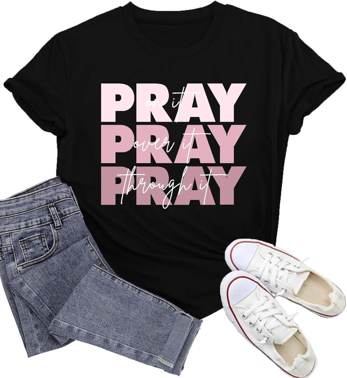 Christian Shirts for Women Religious Pray On It Pray Over It Pray Through It Tee Tops