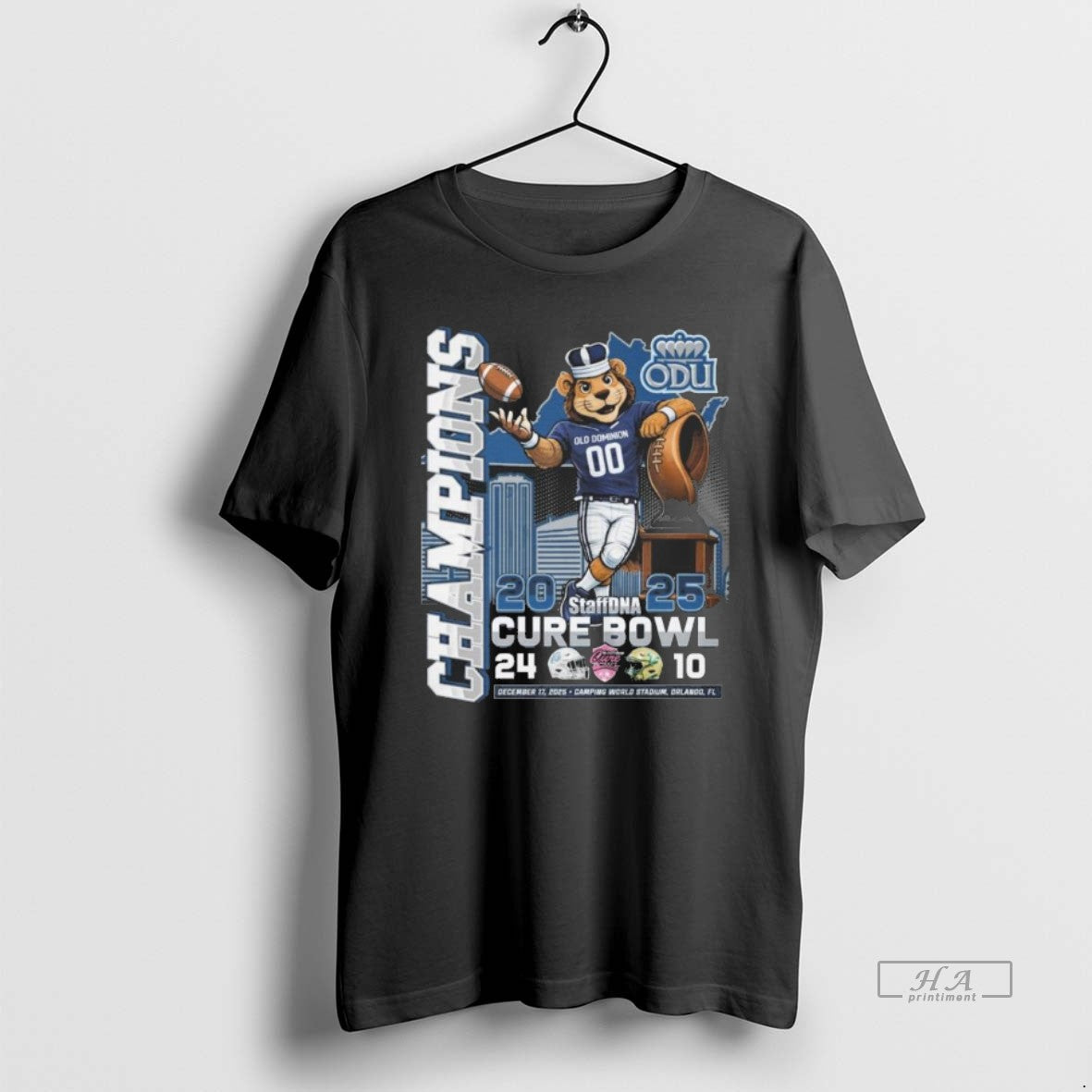 Official Old Dominion Monarchs 2025 Staffdna Cure Bowl Champions Mascot
