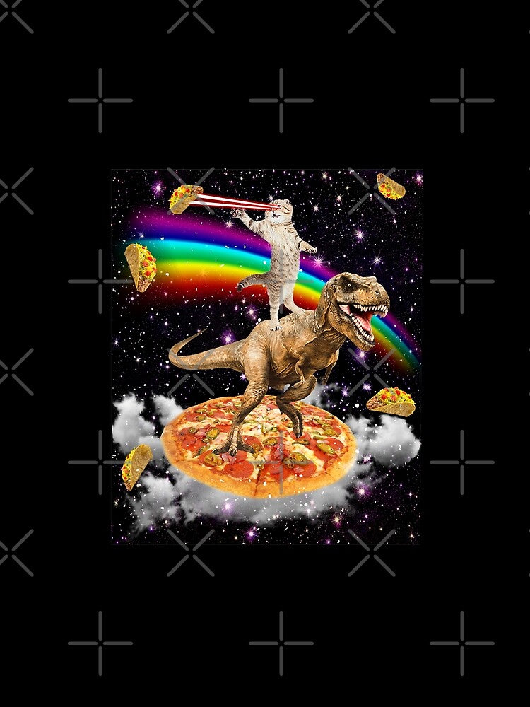 The ORIGINAL Galaxy Laser Eye Cat on Dinosaur on Pizza with Tacos & Rainbow by Mextpizza