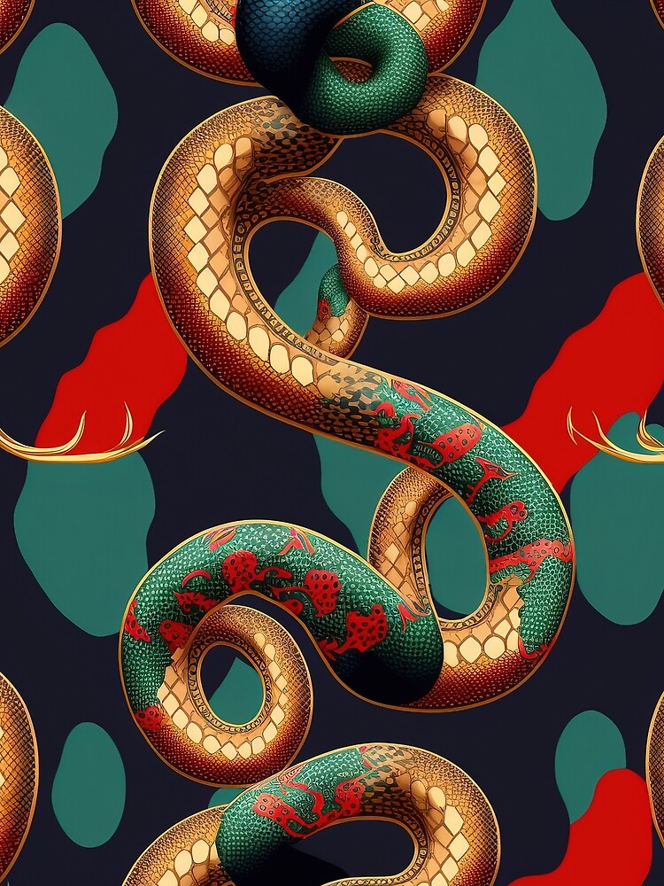 Golden snakes on a red and emerald background. Designer gold snake print. Exclusive and luxurious serpent wallpaper print. by justinasv775