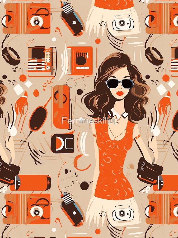 Retro women 1960 with vintage radio player on classic background by Fernnieskillup
