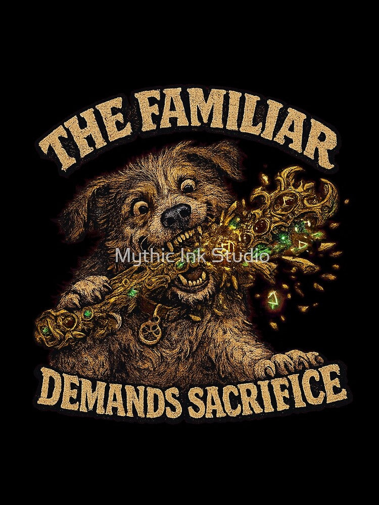 Funny Pet Tax Dog Chewing Legendary Staff Familiar demands Sacrifice Retro 70s Comic Art Tee by Mythic Ink Studio