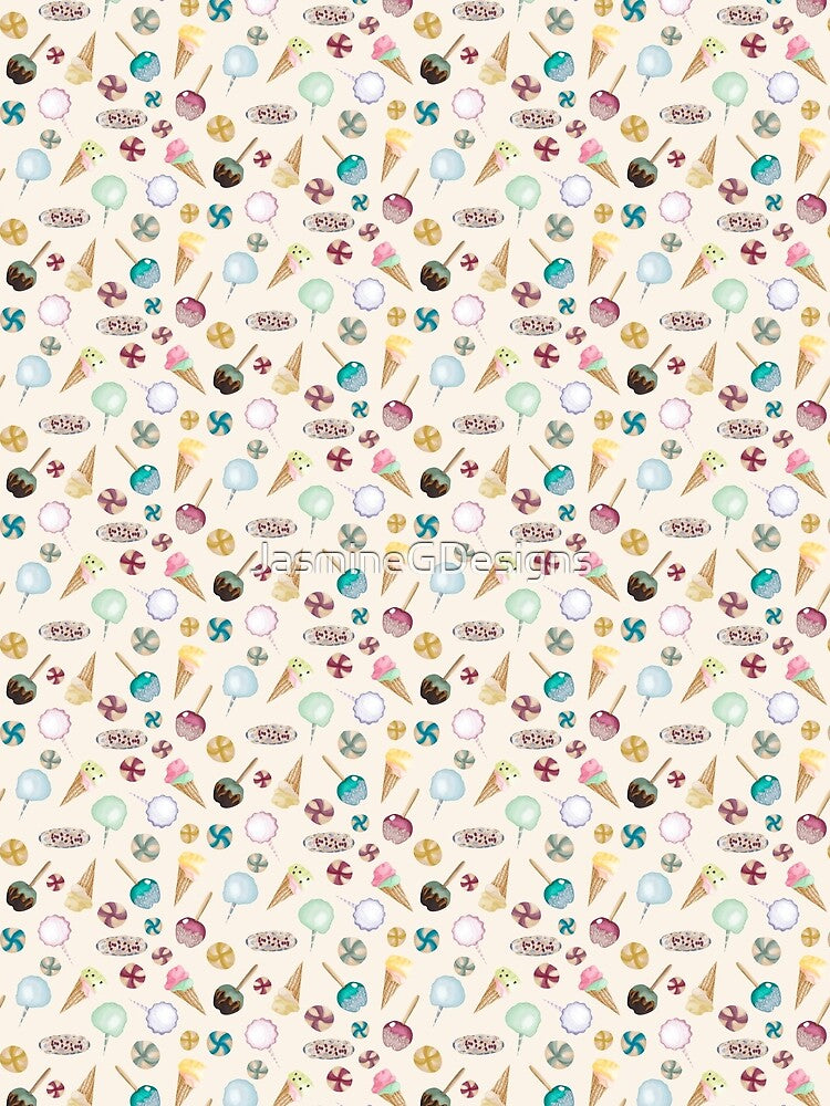 Carnival treats, state fair funnel cake, ice cream, candy applies, cotton candy, lollipops on a light beige background by JasmineGDesigns
