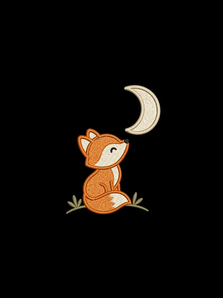 Minimal Fox Under Crescent Moon | Cute Embroidery Style Design by ColorSplash123