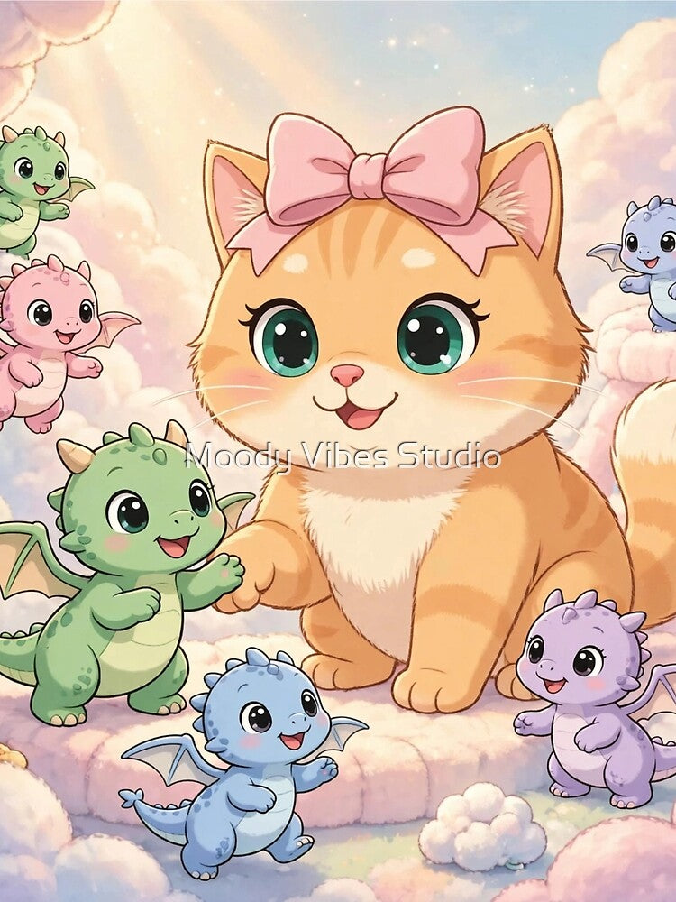 cute cat playing with baby dragons on clouds by Moody Vibes Studio