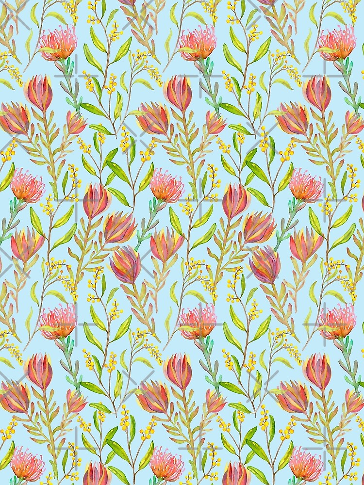 Protea Watercolour Floral/Exotic Vibrant Botanical on Blue by Moritza Jarman Design