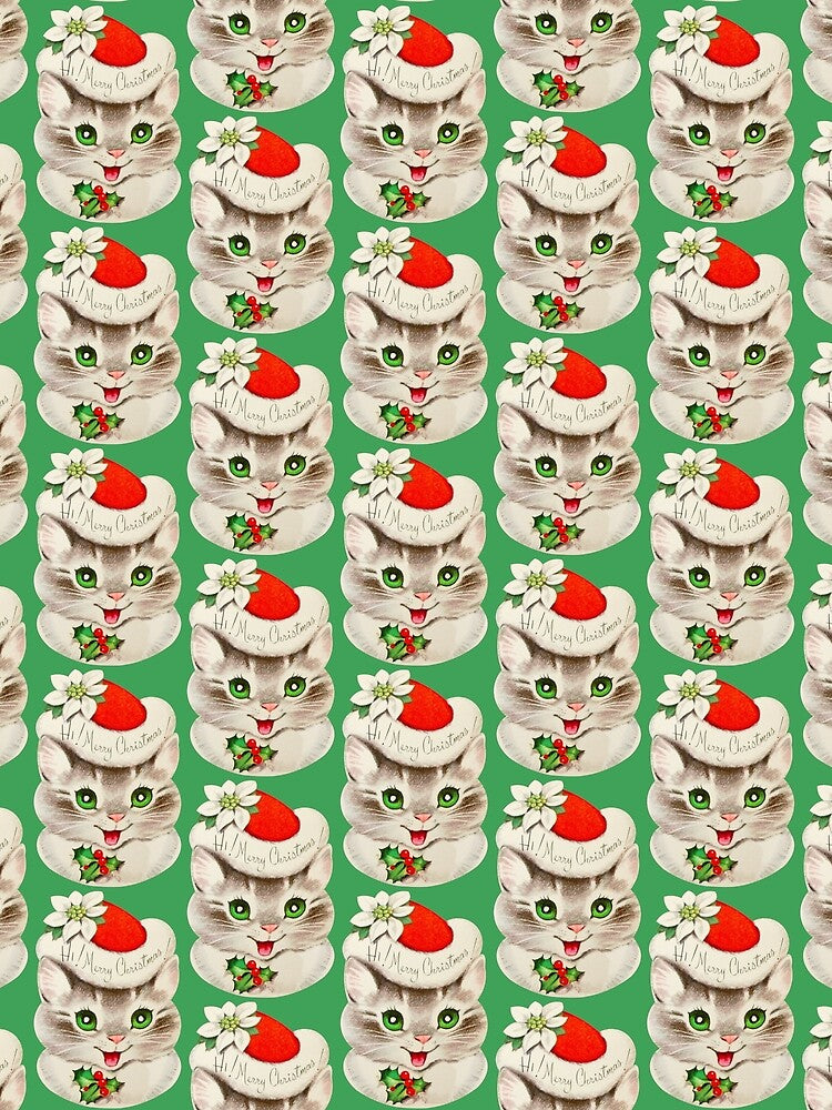 Vintage Merry Christmas Cat In Christmas Hat With White Poinsettia by yellowcat2019