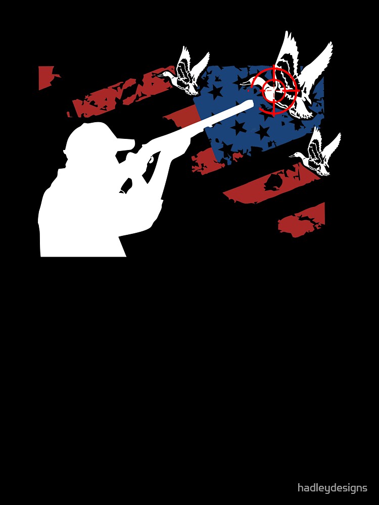 image of american flag with shadow of hunter aiming rifle at 3 flying ducks combi by hadleydesigns