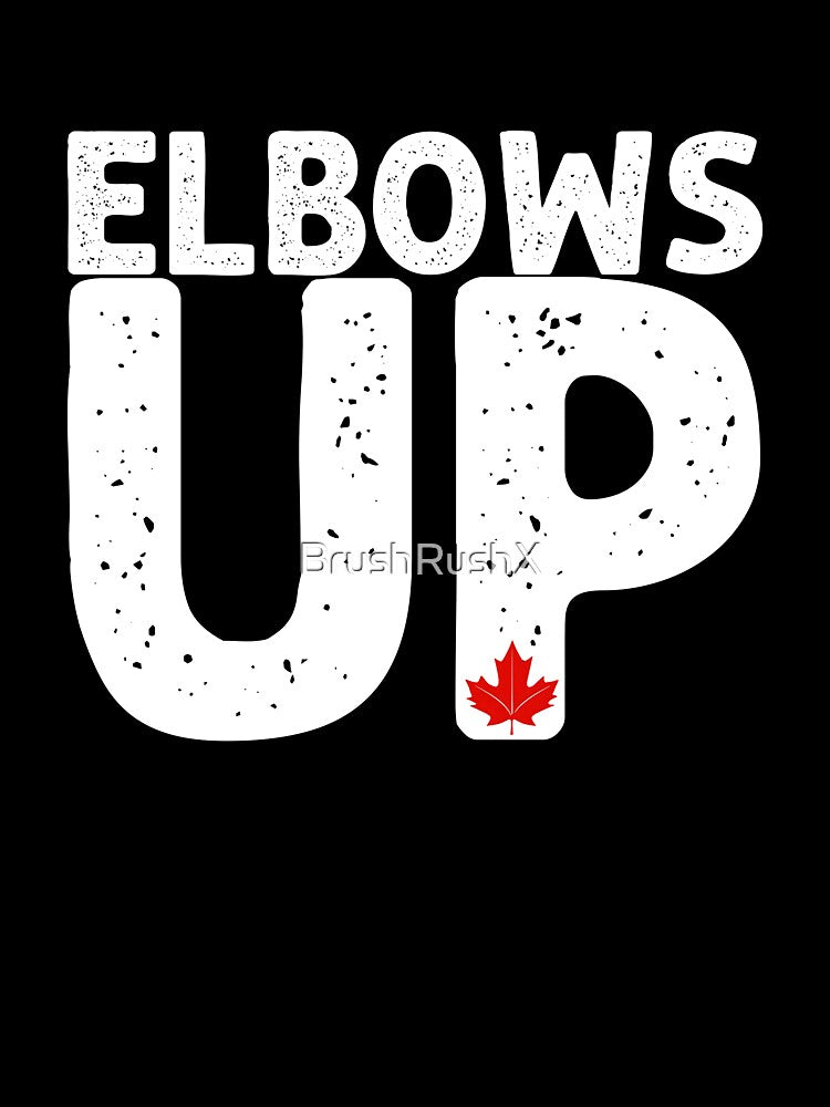 ELBOWS UP Bold Distressed Typography with Red Maple Leaf - Playful Canadian Inspired Design by BrushRushX