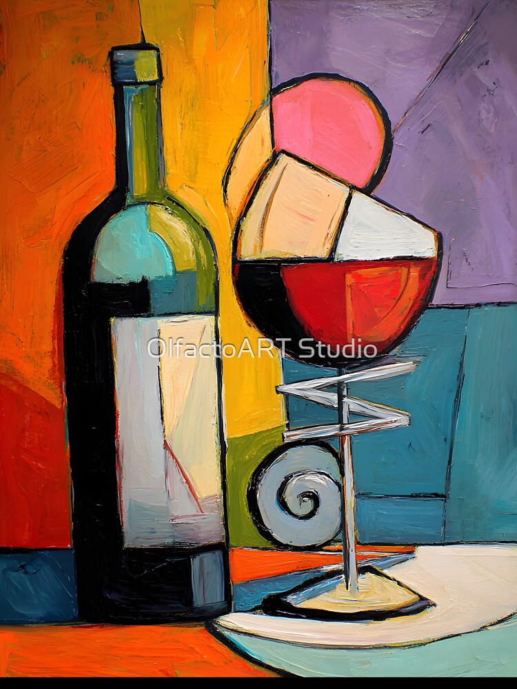 Cubist Wine Bottle and Glass - Bold Geometric Still Life with Vibrant Modern Color Composition by OlfactoART Studio