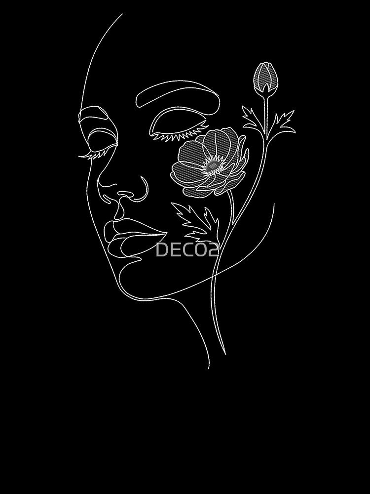 Female Face With Flowers Black White Line Drawing by DEC02