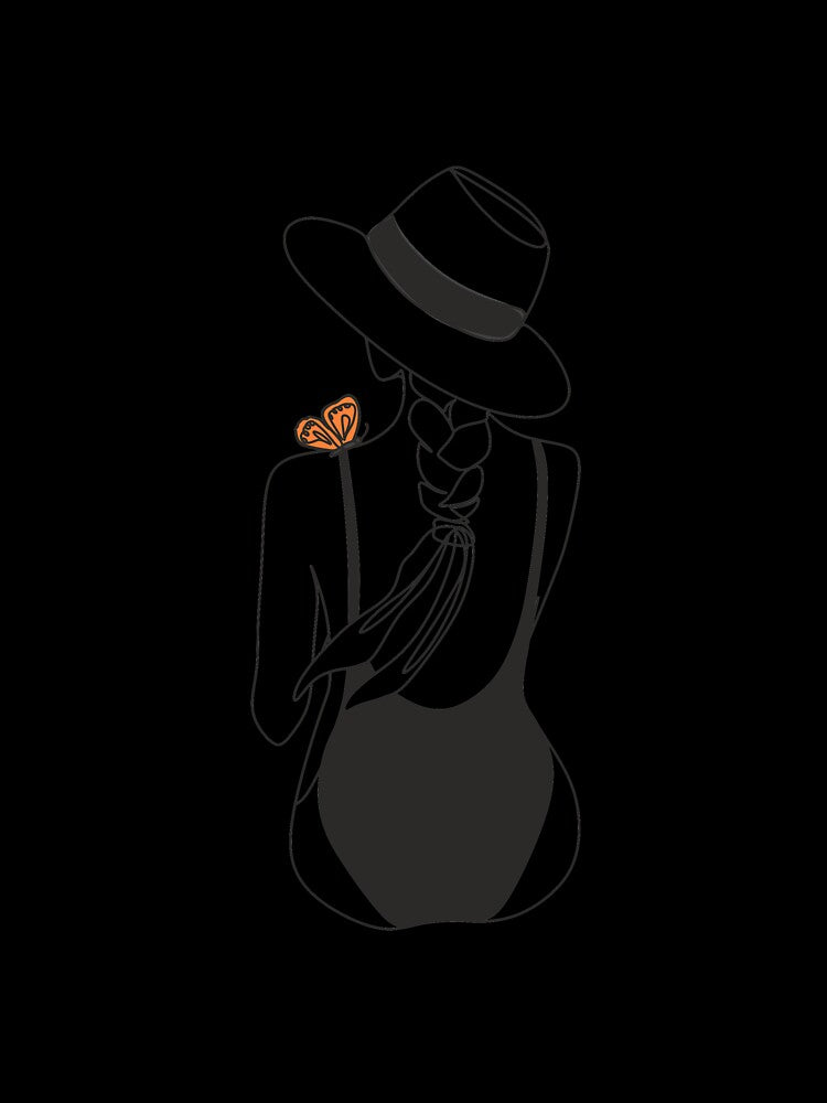 Line Art sexy woman in hat.Vector.Minimalistic logo illustration.Woman Line Drawing., One Line Drawing.Butterfly on the shoulder. by Nina Velychko