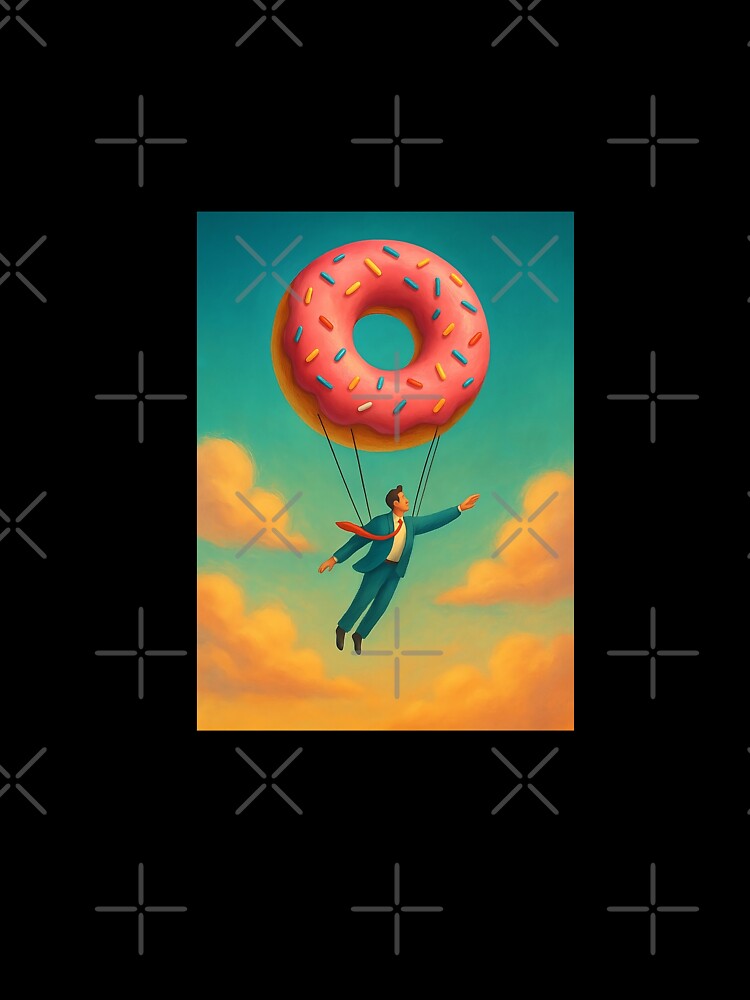 Flying with Donut Dreams – Surreal Businessman Art by JuliJoy