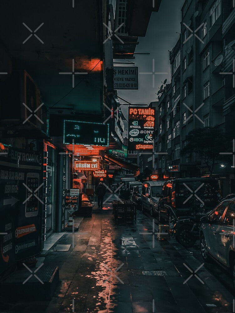 Neon City Style Side View Of A Street With Cars And Buildings At Night by Red-ElYoubi