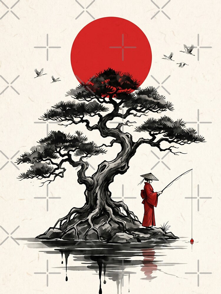 Peaceful Zen Pine & Red Sun Minimalist Poster by STTrillionTEES