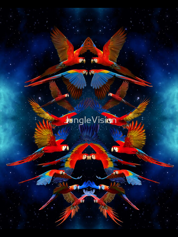 Flock of Scarlet Macaws with Blue Galactic Background by JungleVision