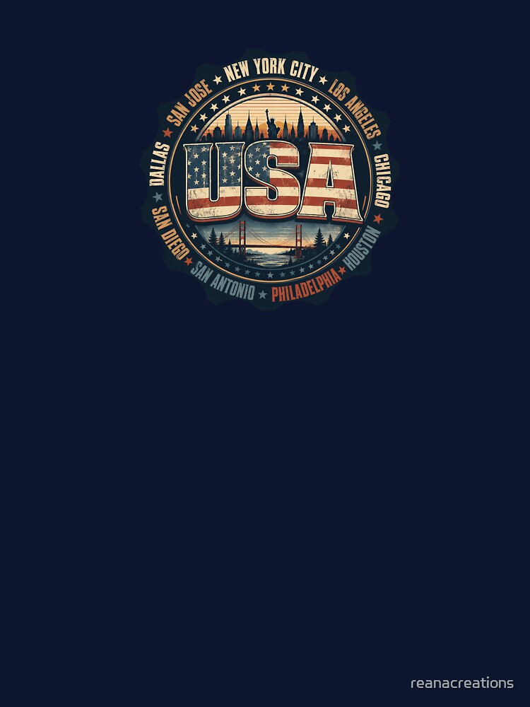 Vintage USA Cities Patriotic American Flag Travel Design by reanacreations