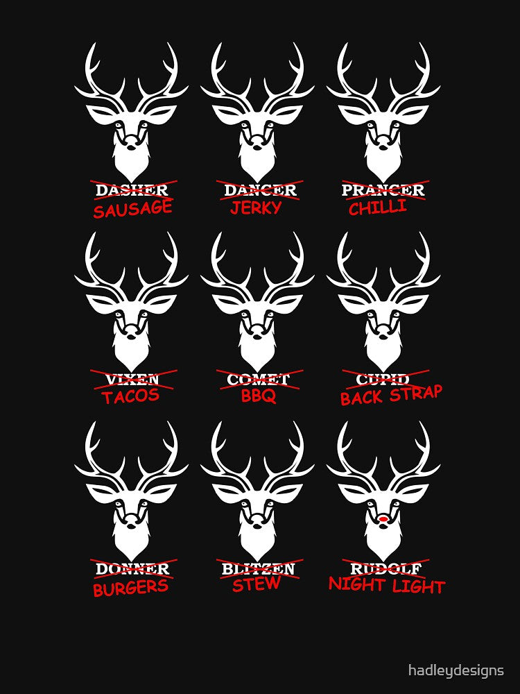 image of 9 deer heads with names of Santa's 9 reindeer but with the names crossed out white by hadleydesigns