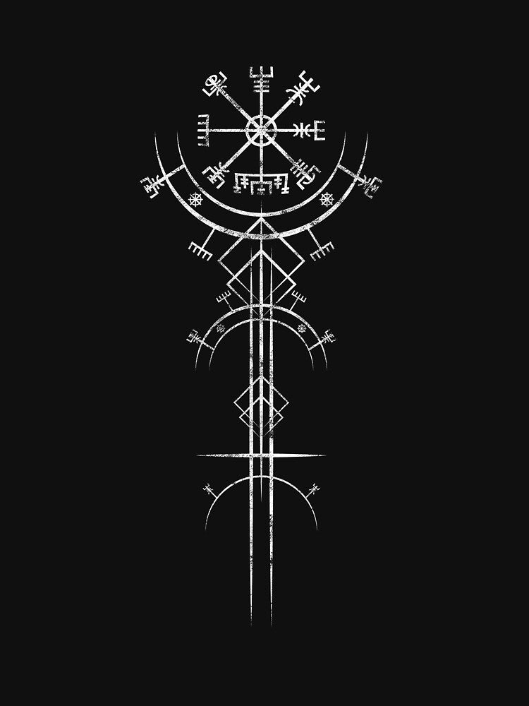 Distressed Vegvisir ancient viking magic navigation compass. Art Deco verticle design by ProfCatPardus