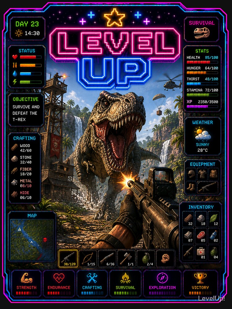 Level Up Dino Survival | Retro T-Rex Adventure Gamer Design by LevelUp!