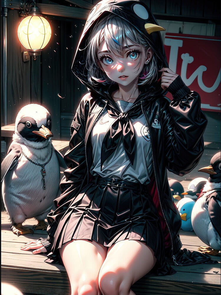 Gothic anime girl with penguins portrait art by TheArtistOf2022 Unisex , , , Long Sleeve Tee