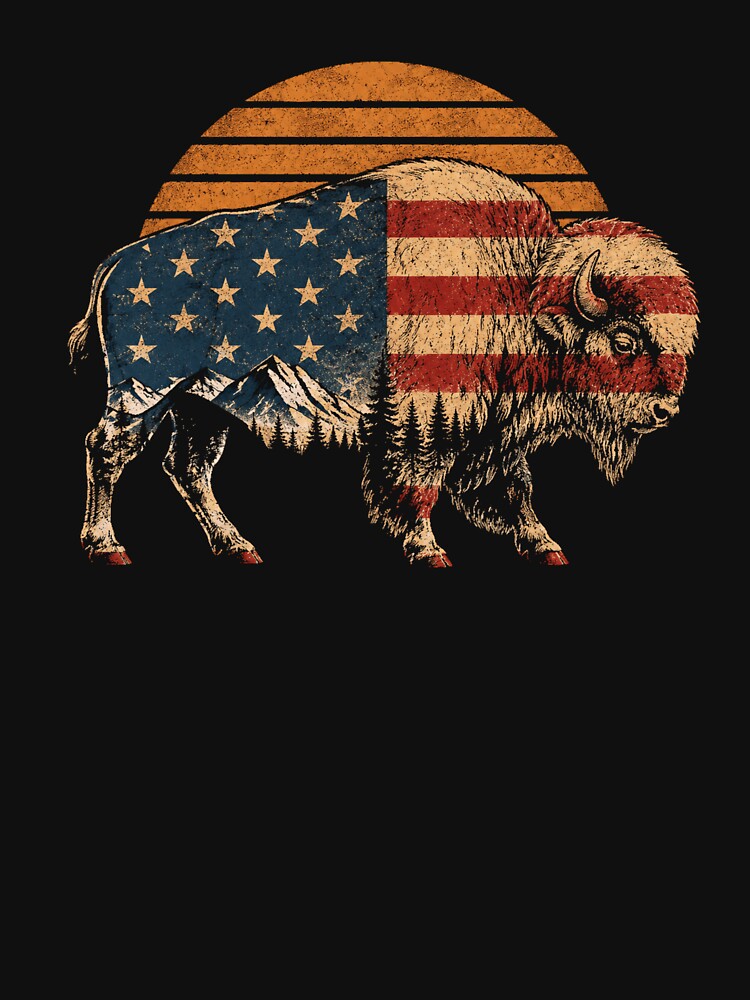 Retro American Bison Flag Vintage Sunset Patriotic Wildlife by Moizento