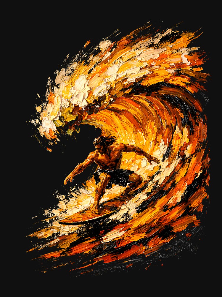 Golden Barrel: Impasto Fire Wave Surfer by WavesStation Unisex , , , Long Sleeve Tee