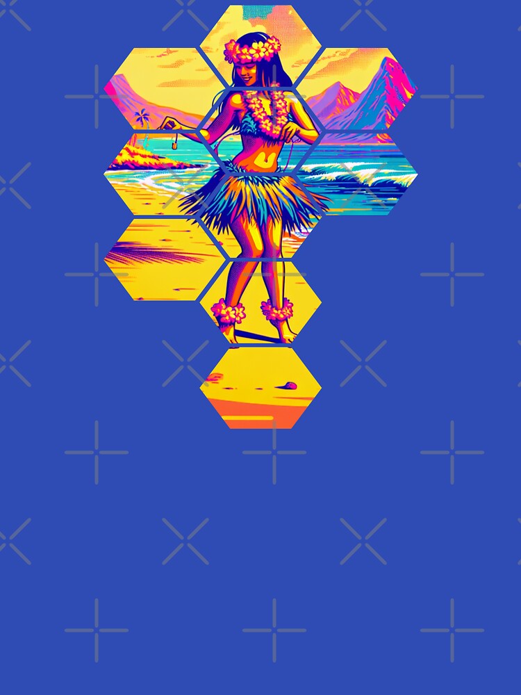 Retro Synthwave Hula Dancer Tropical Hexagon Mosaic by FIREDesignsPOD