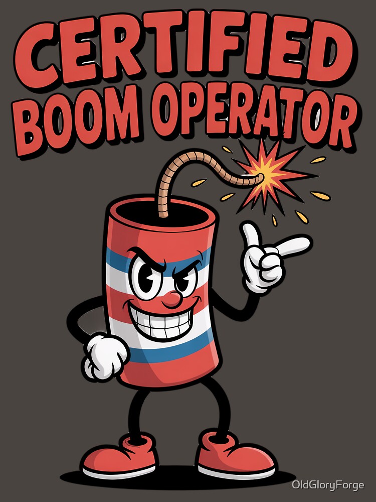 Certified Boom Operator – Patriotic Firecracker Cartoon by OldGloryForge