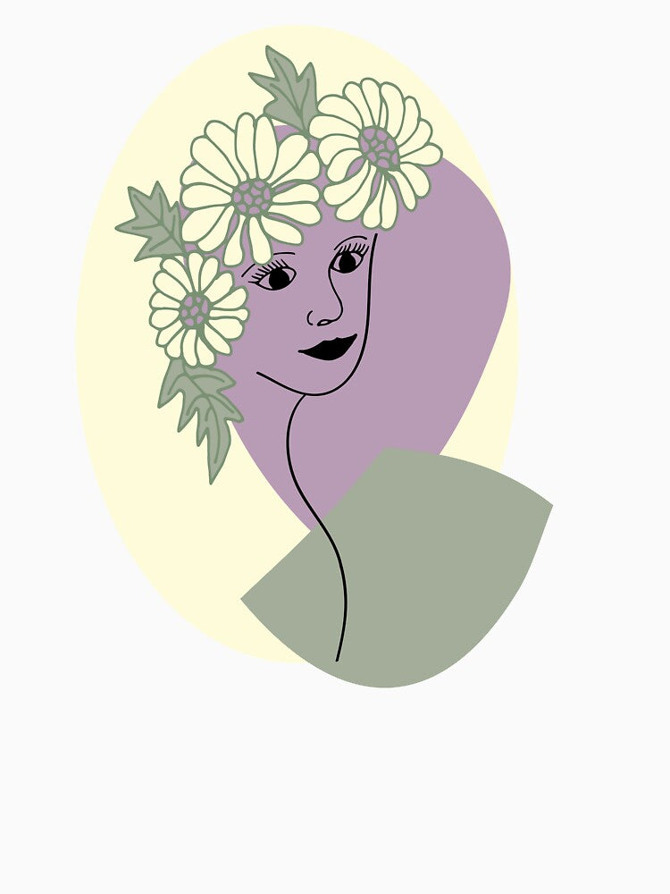 Abstract Line Art Woman-daisy head, colours sage green, cream, buttercream amethyst by Stephanie J Lewis