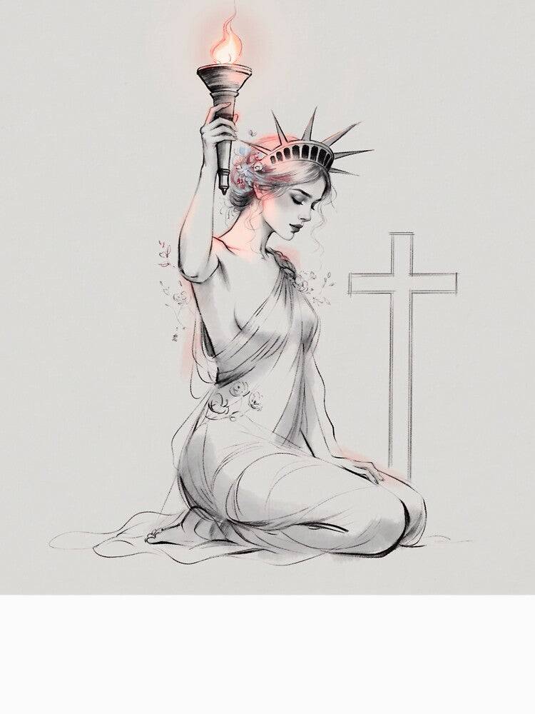 Lady Liberty Praying Before A Cross by MKThreadsStudio