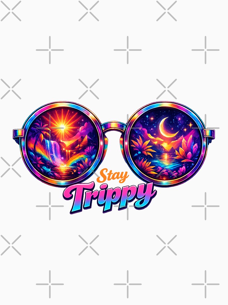 Stay Trippy Psychedelic Sunglasses T-Shirt – Neon Retro Festival Art for Rave Fans & Trippy Aesthetic Lovers by GemBob Creations