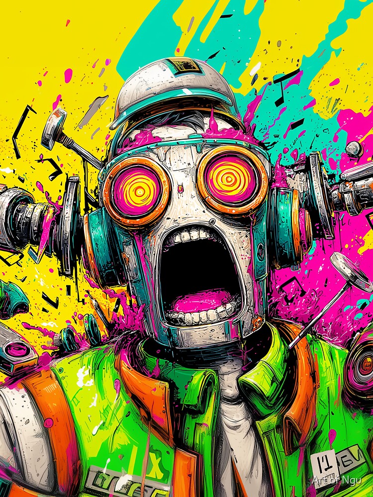 Psychedelic Screaming Robot Head Explosion Pop Art Design by Art of Ngu