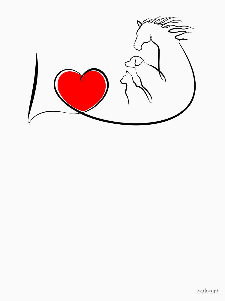 I love animals, horse, dog and cat with red heart. One line drawing by evk-art
