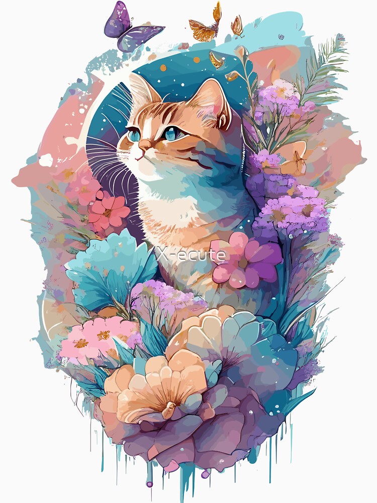 Cat and flowers design gift for her for girlfriend wall decoration wall art by X-ecute