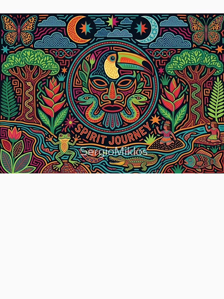 Spirit Journey Toucan Mola Art | Traditional Indigenous Shaman Mask | Vibrant Tribal Folk Tapestry by SergioMiklos