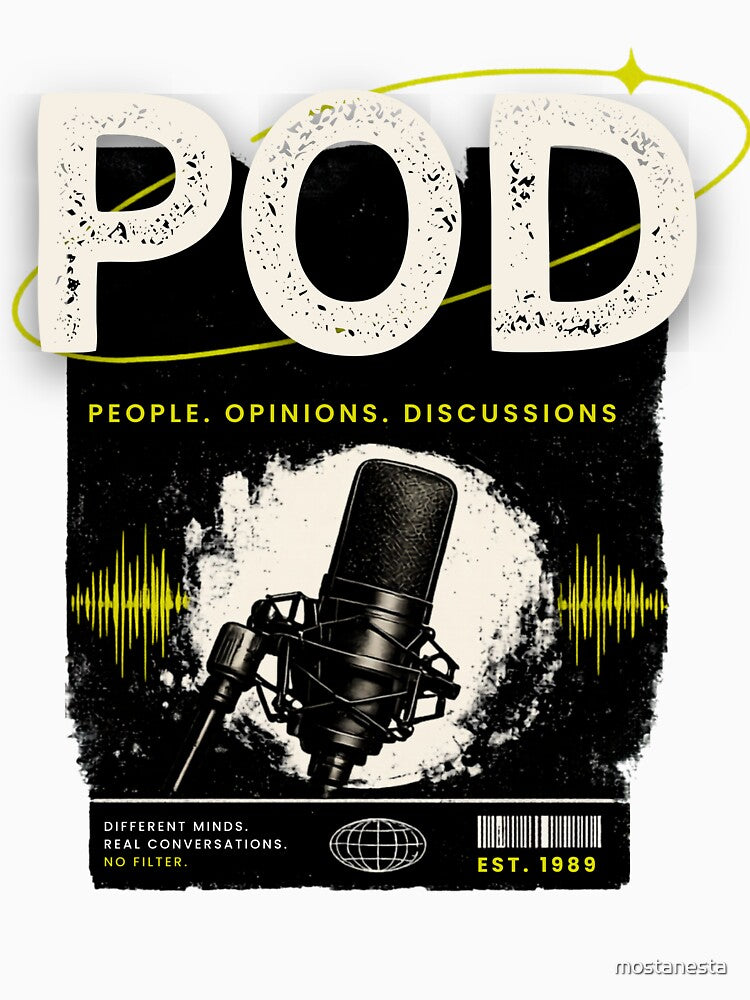 Podcast POD – People Opinions Discussions Grunge Microphone Design by mostanesta