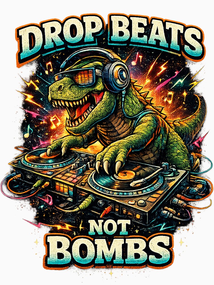 Drop Beats Not Bombs DJ T-Rex T-Shirt | Funny Dinosaur DJ Graphic | EDM Music Lover Retro Tee | Rave Festival Gift by lukes designs