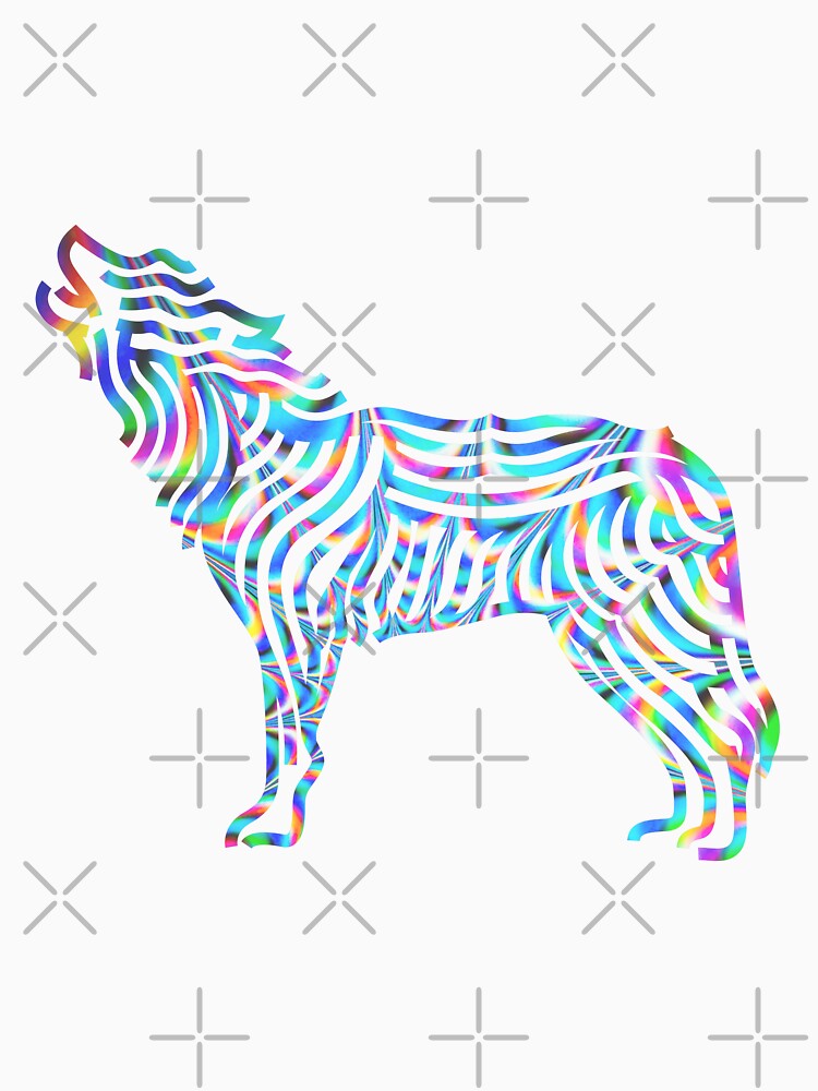 rainbow psychedelic holographic line art wolf howling design by Zevy-Darling