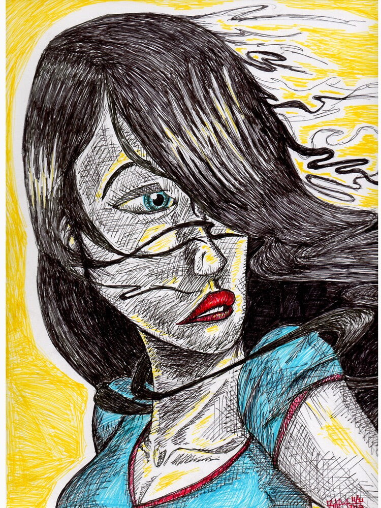 Hand Drawn Woman Portrait T-Shirt - Original Sketch Art | Blue Eyes Red Lips Yellow Glow by SketchMcKenzie