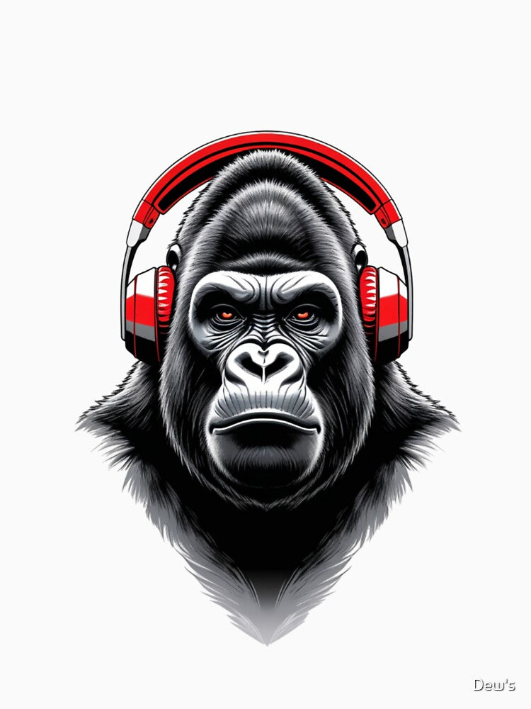 Gorilla Red Headphones Black White T-Shirt by Dew's