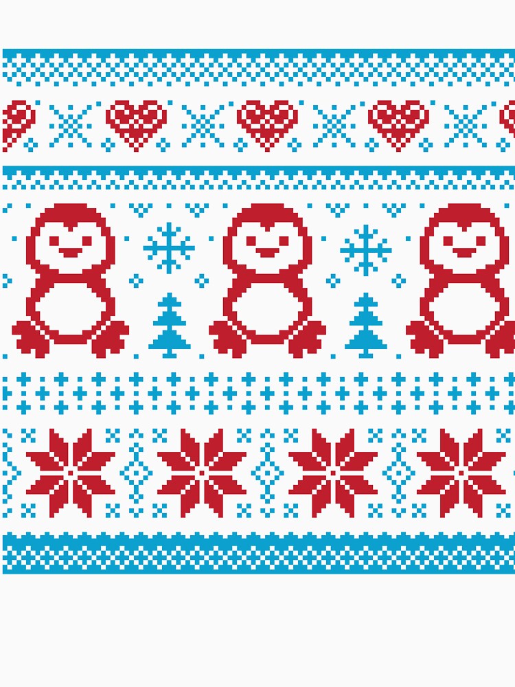 Ugly Christmas Sweater red Penguins Hearts Flowers Blue by Jaydee001